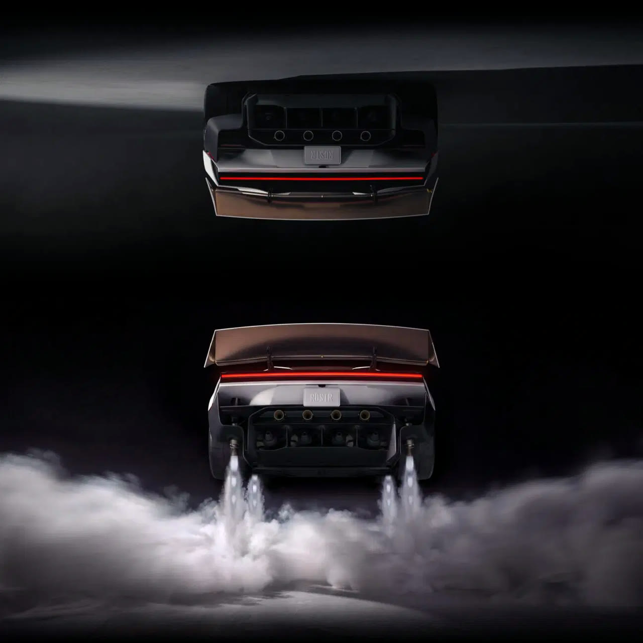 Roadster rear view with thrusters firing above a cloud of vapour